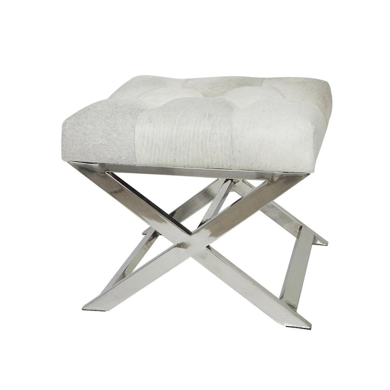 Leather Upholstered Tufted Home Bench with Silver Diagonal Base - Grey - Roche River Decor
