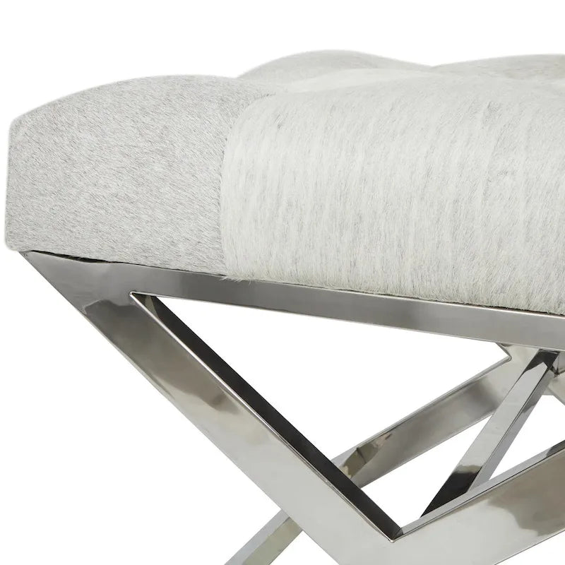 Leather Upholstered Tufted Home Bench with Silver Diagonal Base - Grey - Roche River Decor