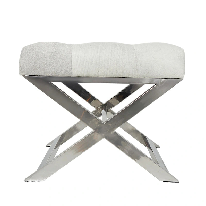 Leather Upholstered Tufted Home Bench with Silver Diagonal Base - Grey - Roche River Decor